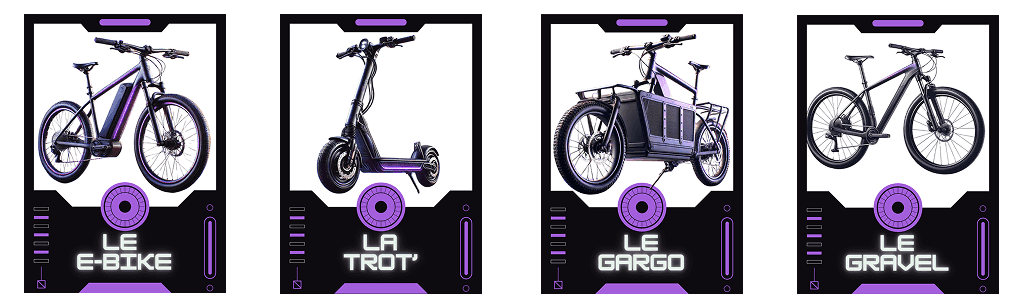 Cartes bolides : Le E-bike, La Trot’, Le Cargo et Le Gravel