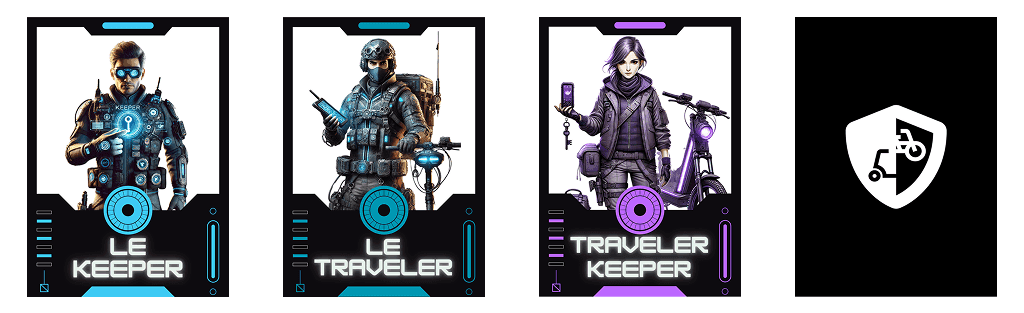 Cartes rôles illustrées : Le Keeper, Le Traveler, Traveler Keeper et verso au logo SafeKeeper