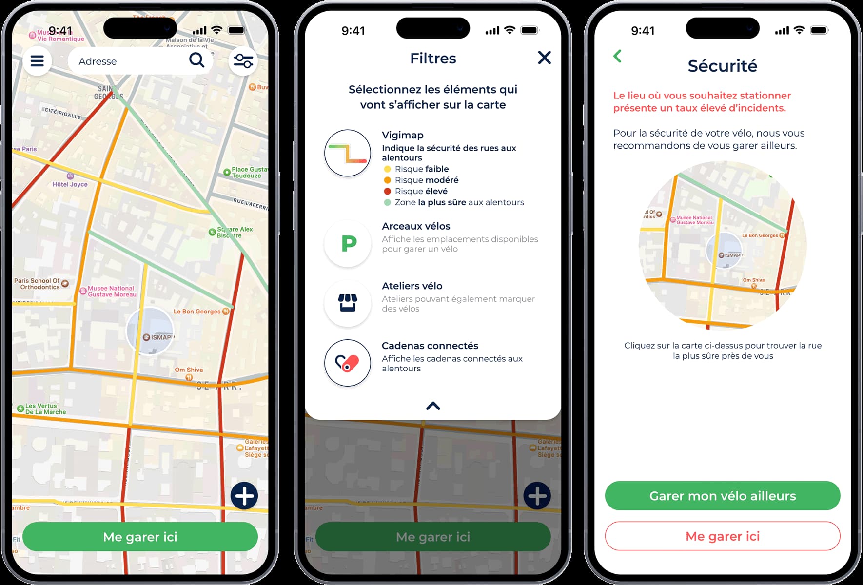 Trois écrans de l'app Sharelock : carte Vigimap colorée selon le risque de vol, filtres et alerte de sécurité