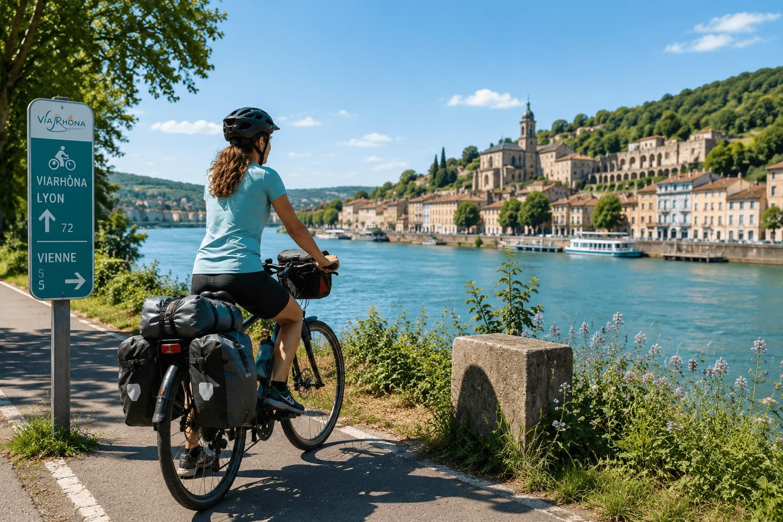 Cycliste avec sacoches sur la ViaRhôna au bord du Rhône, près d'un panneau indiquant Lyon et Vienne