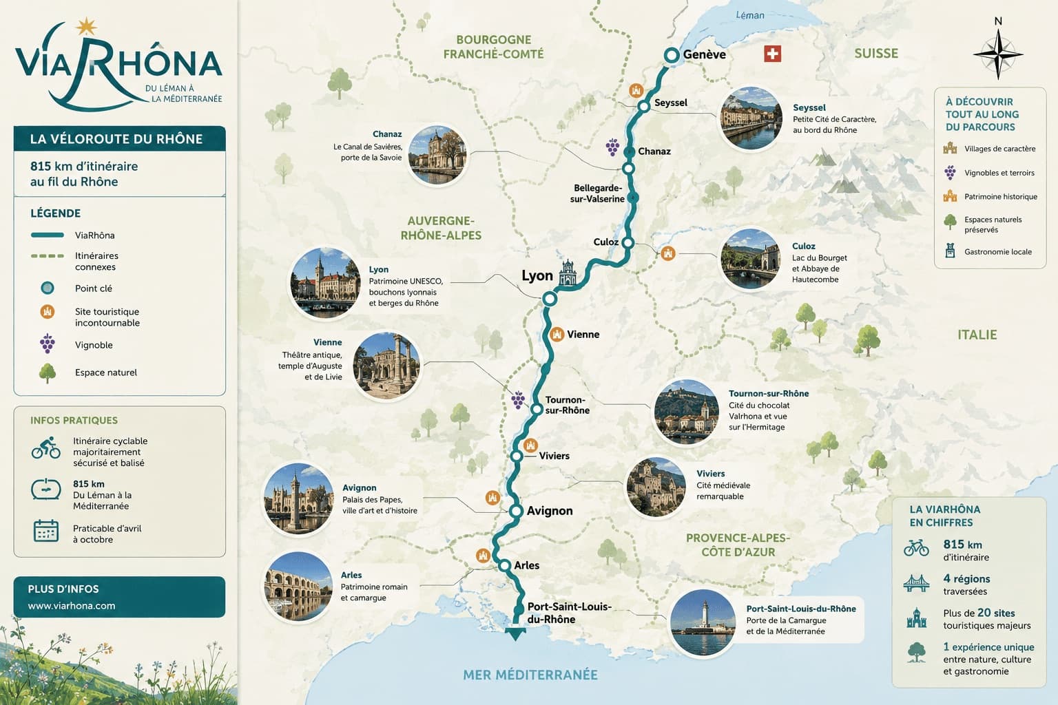 Carte de la ViaRhôna : 815 km de véloroute le long du Rhône, de Genève à Port-Saint-Louis-du-Rhône
