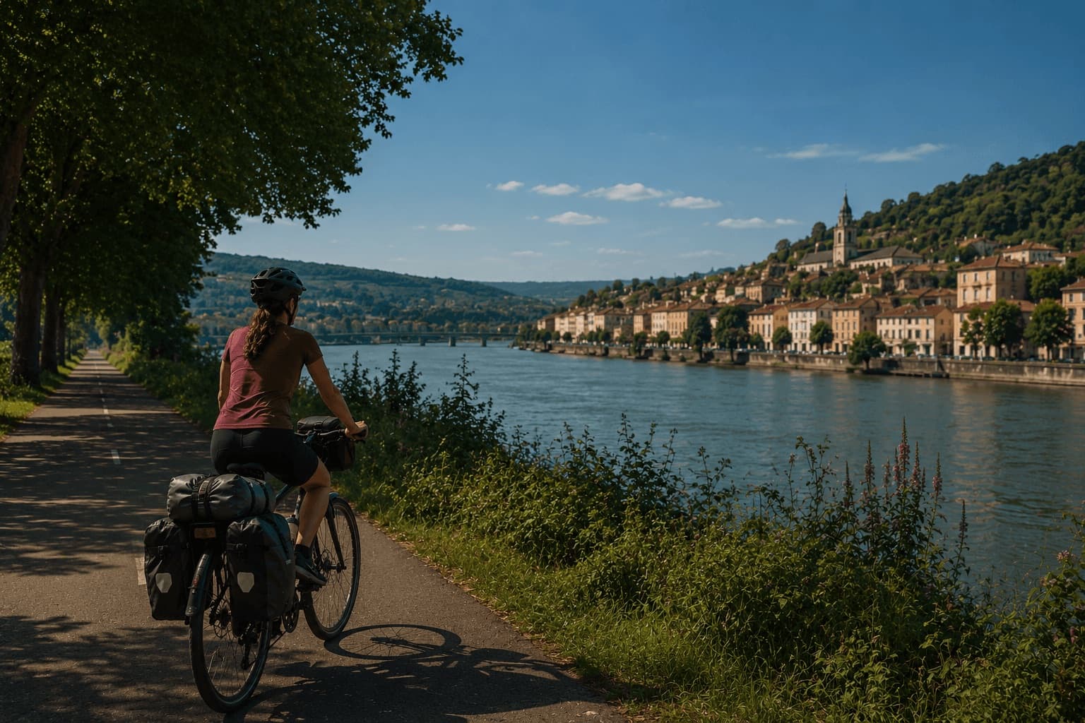 Une cyclotouriste chargée de sacoches roule le long du Rhône, face à un village au bord de l’eau