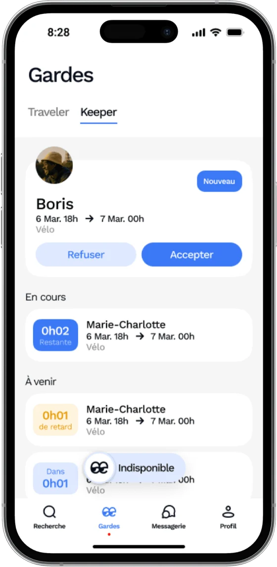 Écran « Gardes » de l’application SafeKeeper côté Keeper, avec une demande à accepter