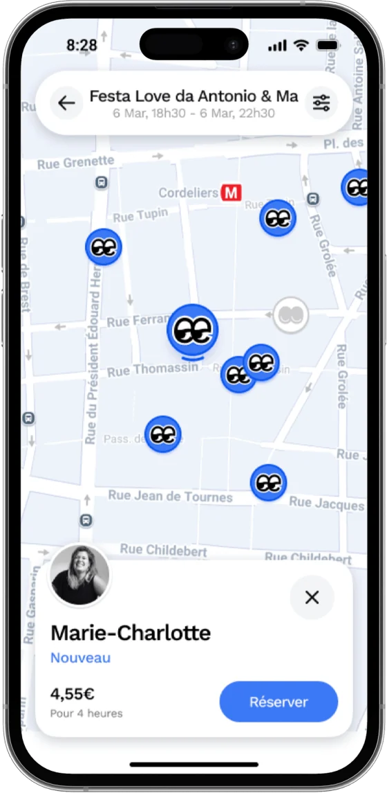 Carte de l’application SafeKeeper : les Bikesitters disponibles apparaissent comme des paires d’yeux