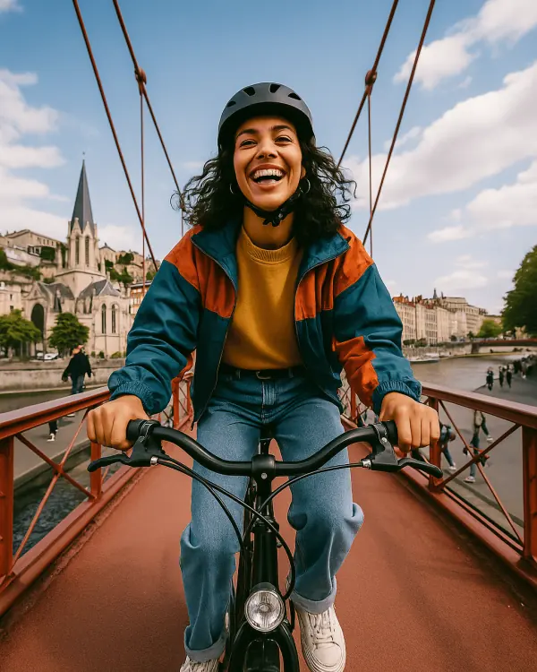 Une cycliste casquée traverse une passerelle rouge à Lyon, la cathédrale en arrière-plan