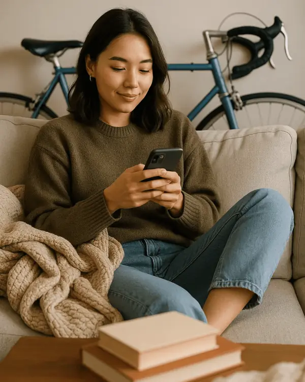 Une Bikesitter consulte l’application sur son canapé, deux vélos accrochés au mur derrière elle