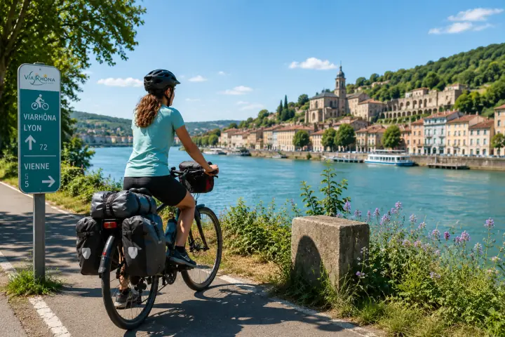 Une cycliste chargée de sacoches longe le Rhône à côté d’un panneau ViaRhôna